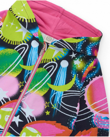 Girls' set with space-print hoodie and pink pants. Girls' set with space-print hoodie and pink pants.