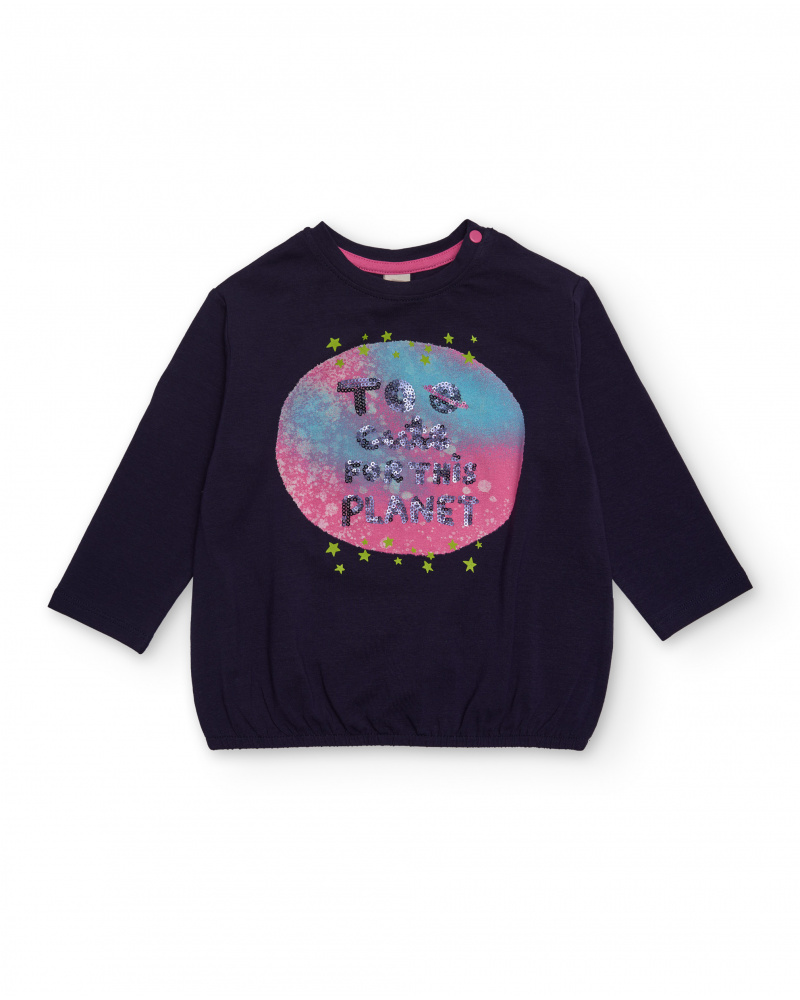 Long-sleeve blouse for girl in navy blue with planet print and shiny phrase.