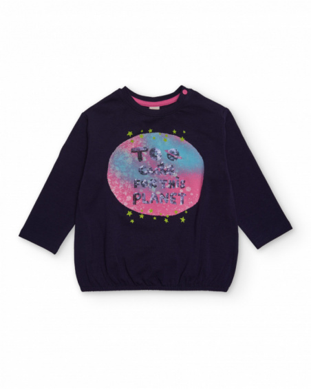 Long-sleeve blouse for girl in navy blue with planet print and shiny phrase. Long-sleeve blouse for girl in navy blue with planet print and shiny phrase.
