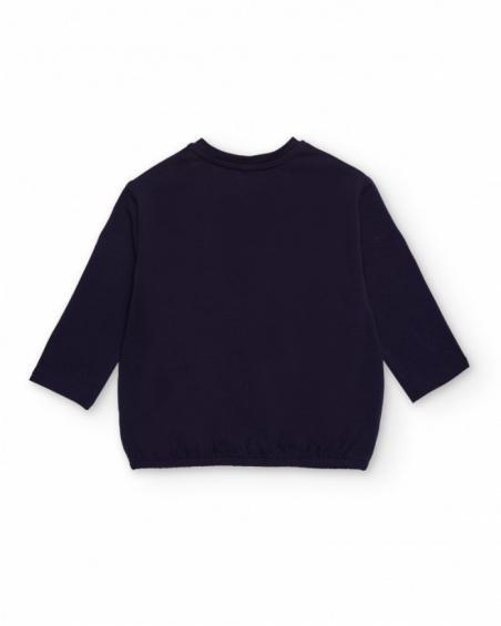 Long-sleeve blouse for girl in navy blue with planet print and shiny phrase. Long-sleeve blouse for girl in navy blue with planet print and shiny phrase.