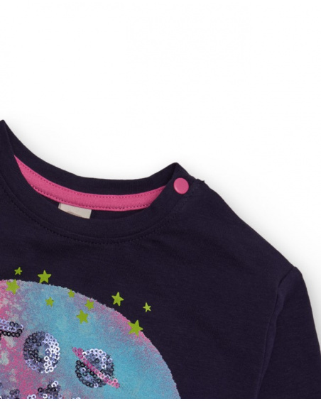 Long-sleeve blouse for girl in navy blue with planet print and shiny phrase. Long-sleeve blouse for girl in navy blue with planet print and shiny phrase.