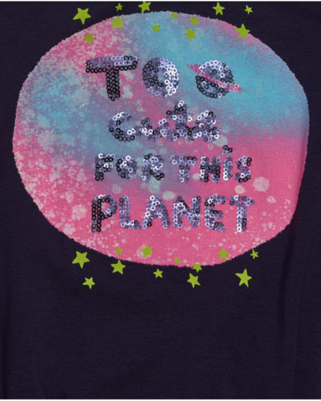 Long-sleeve blouse for girl in navy blue with planet print and shiny phrase. Long-sleeve blouse for girl in navy blue with planet print and shiny phrase.