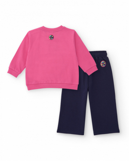 Girls’ set with pink sweatshirt featuring monster design and navy blue pants.