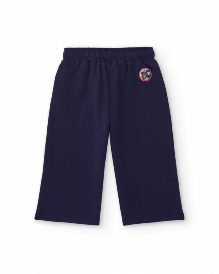 Navy blue knit pants for girl with pink adjustable drawstring.