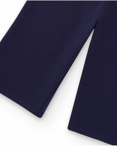 Navy blue knit pants for girl with pink adjustable drawstring.