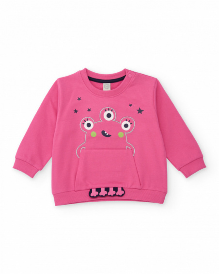 Pink sweatshirt for girl with monster design and kangaroo pocket.