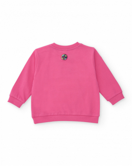 Pink sweatshirt for girl with monster design and kangaroo pocket.