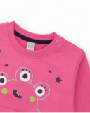 Pink sweatshirt for girl with monster design and kangaroo pocket. Pink sweatshirt for girl with monster design and kangaroo pocket.