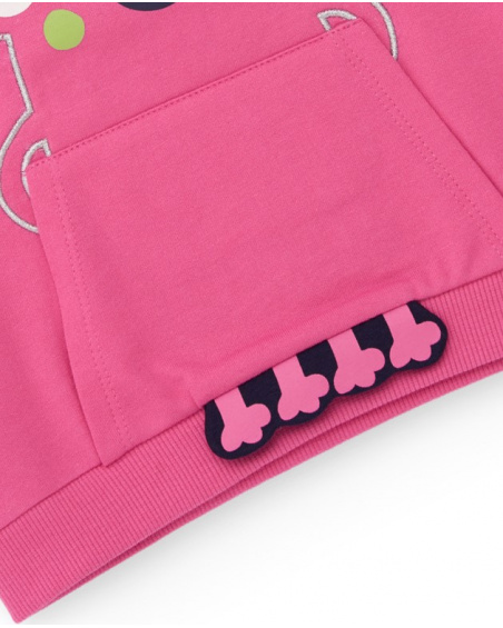 Pink sweatshirt for girl with monster design and kangaroo pocket.