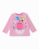 Long-sleeve pink t-shirt for girl with monster and star print. Long-sleeve pink t-shirt for girl with monster and star print.