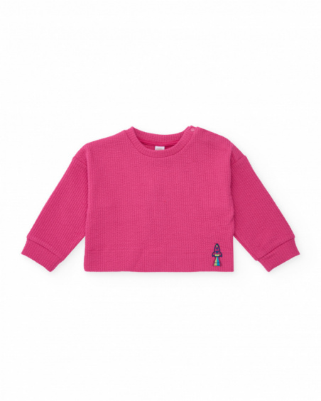 Girls' fuchsia knit sweater with rocket embroidery. Girls' fuchsia knit sweater with rocket embroidery.