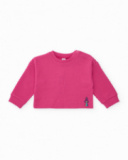 Girls' fuchsia knit sweater with rocket embroidery. Girls' fuchsia knit sweater with rocket embroidery.
