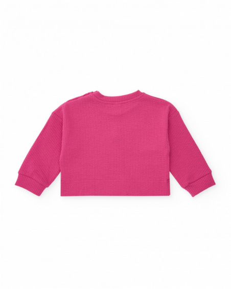 Girls' fuchsia knit sweater with rocket embroidery. Girls' fuchsia knit sweater with rocket embroidery.