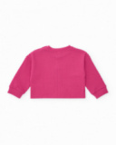 Girls' fuchsia knit sweater with rocket embroidery. Girls' fuchsia knit sweater with rocket embroidery.