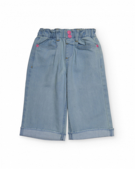 Girls' light blue denim pants with rocket embroidery. Girls' light blue denim pants with rocket embroidery.