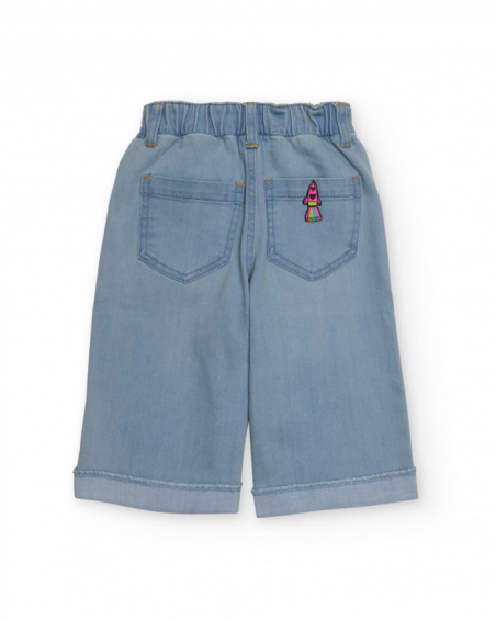Girls' light blue denim pants with rocket embroidery. Girls' light blue denim pants with rocket embroidery.