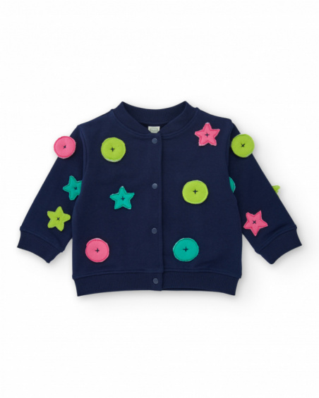 Girls' navy blue knit jacket with star and circle appliqués. Girls' navy blue knit jacket with star and circle appliqués.