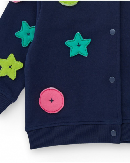 Girls' navy blue knit jacket with star and circle appliqués. Girls' navy blue knit jacket with star and circle appliqués.