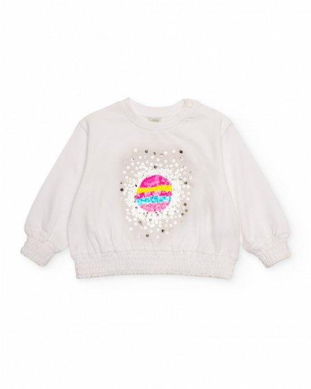 Girls' white fleece sweatshirt with planet sequins. Girls' white fleece sweatshirt with planet sequins.