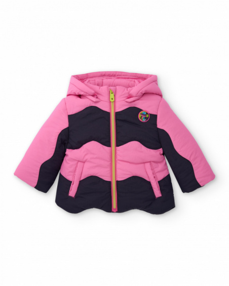 Girls' padded jacket in shades of pink and navy blue with hood.