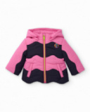 Girls' padded jacket in shades of pink and navy blue with hood. Girls' padded jacket in shades of pink and navy blue with hood.