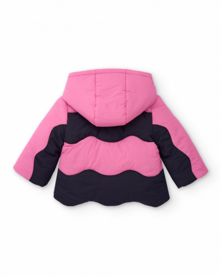 Girls' padded jacket in shades of pink and navy blue with hood.