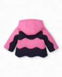 Girls' padded jacket in shades of pink and navy blue with hood. Girls' padded jacket in shades of pink and navy blue with hood.