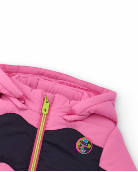 Girls' padded jacket in shades of pink and navy blue with hood.