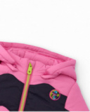 Girls' padded jacket in shades of pink and navy blue with hood. Girls' padded jacket in shades of pink and navy blue with hood.