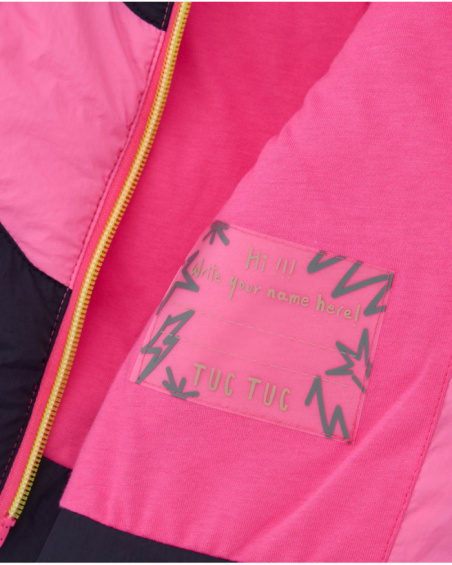 Girls' padded jacket in shades of pink and navy blue with hood.