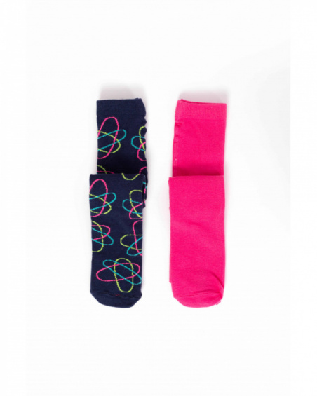 Pack of two girls' tights: one plain pink and one navy blue with atom design. Pack of two girls' tights: one plain pink and one navy blue with atom design.