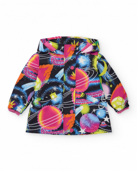 Girls' waterproof jacket with vibrant planet and star print.