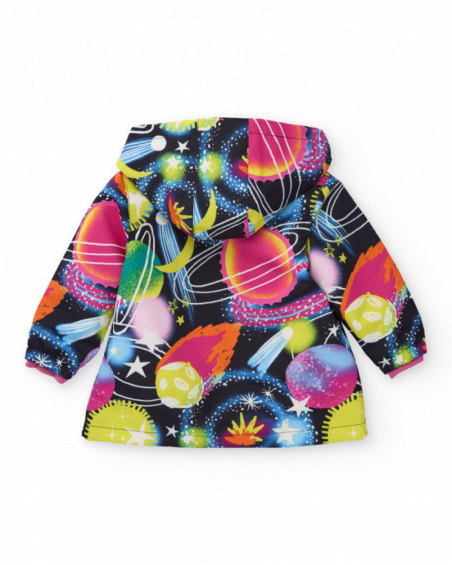 Girls' waterproof jacket with vibrant planet and star print.