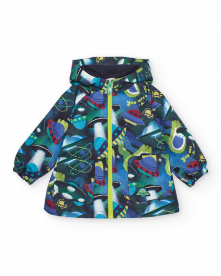 Boys' waterproof jacket with vibrant spaceship print.