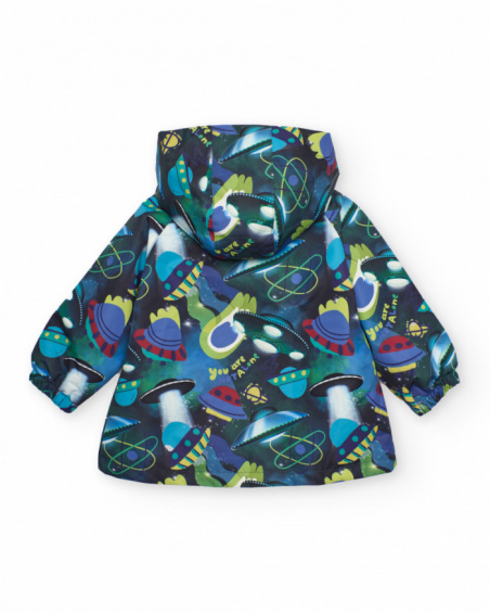 Boys' waterproof jacket with vibrant spaceship print.
