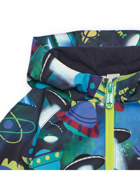 Boys' waterproof jacket with vibrant spaceship print.