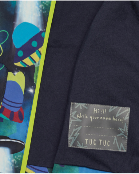 Boys' waterproof jacket with vibrant spaceship print.