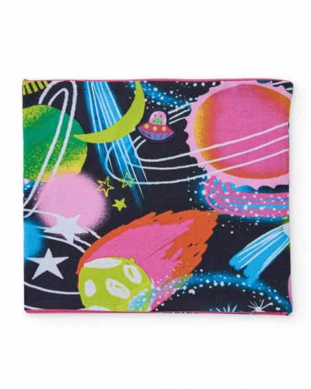 Multicolor scarf for girl with galactic print of planets and stars. Multicolor scarf for girl with galactic print of planets and stars.