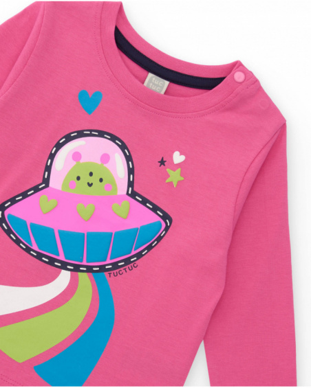 Cotton pajama for girl in pink with spaceship print.