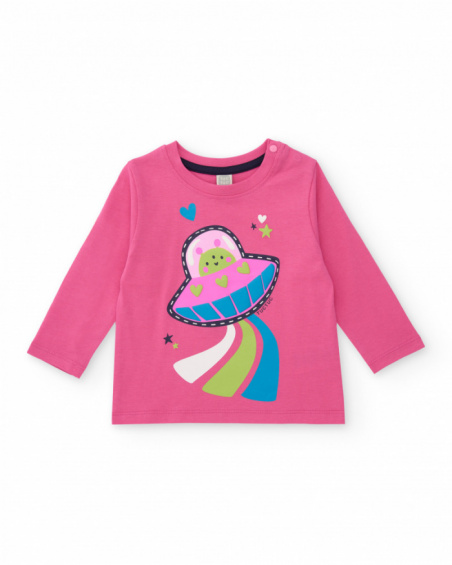 Cotton pajama for girl in pink with spaceship print.