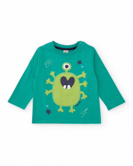 Boys' green knit pajamas with a fun monster print.