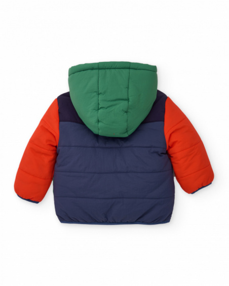 Boys' padded jacket in color blocks of green, navy blue, and orange.
