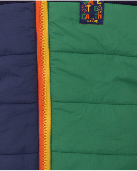 Boys' padded jacket in color blocks of green, navy blue, and orange.