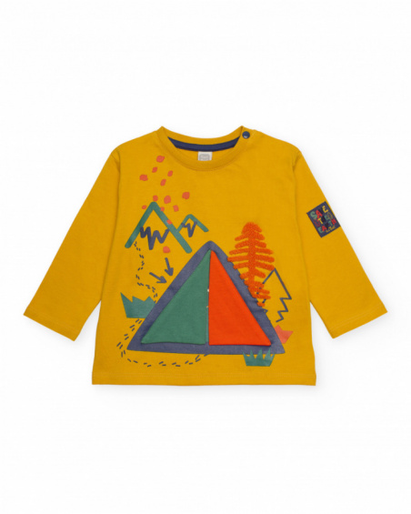 Boys' mustard long-sleeve T-shirt with tent print.