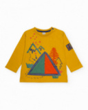 Boys' mustard long-sleeve T-shirt with tent print. Boys' mustard long-sleeve T-shirt with tent print.