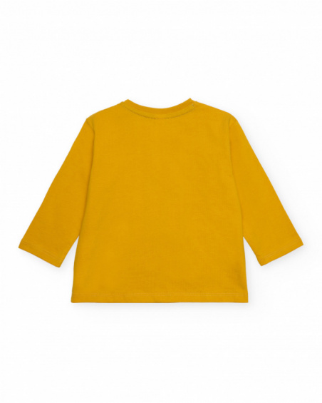 Boys' mustard long-sleeve T-shirt with tent print.