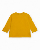 Boys' mustard long-sleeve T-shirt with tent print. Boys' mustard long-sleeve T-shirt with tent print.