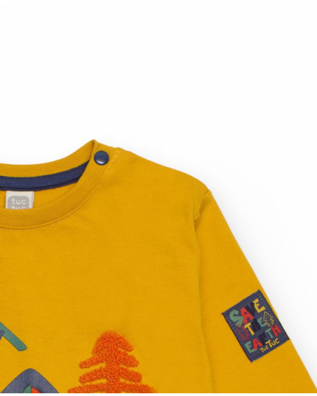 Boys' mustard long-sleeve T-shirt with tent print.