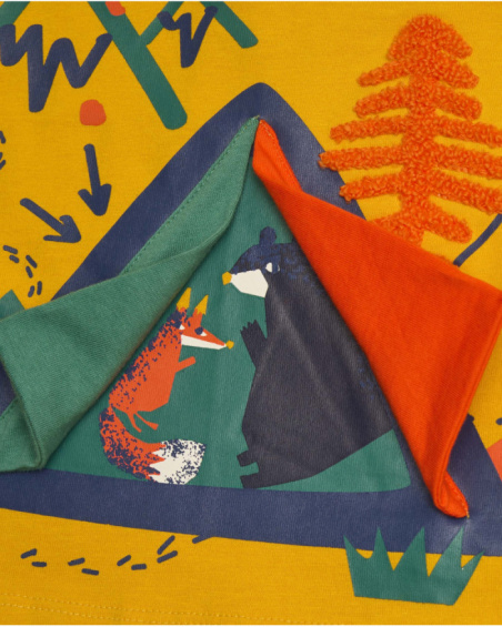 Boys' mustard long-sleeve T-shirt with tent print.