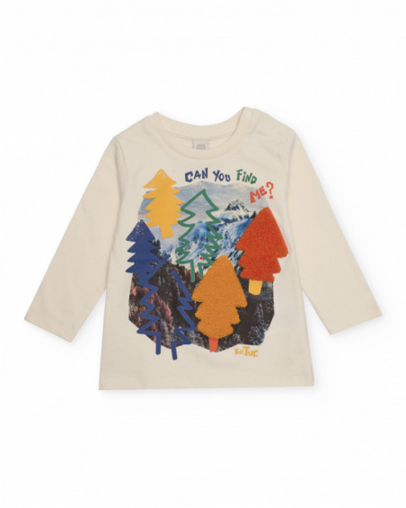 Boys' cream long-sleeve T-shirt with tree print and decorative phrase.